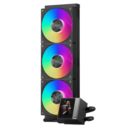 Система жидкостного охлаждения Water Cooling System PCCooler GT360 ARGb Display BK (310W, 360мм, LED temp., Black, ARGb/ Fans: 3x120мм, 99CFM, 41.5dBA, 3000RPM/ Pump height 85мм, 15dBA, 2600RPM, Rad thickness 27мм/ S: 1851, 1700, 1200, 115X, AM5, AM4)