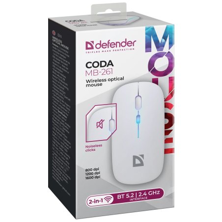Мышь беспроводная Defender Coda MB-261 черный, 1600 dpi, радиоканал, Bluetooth, USB, кнопки - 4