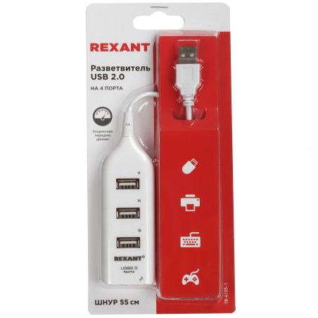 Разветвитель USB 2.0 на 4 порта белый Rexant