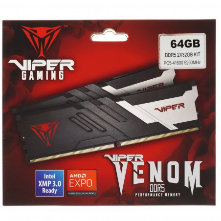 Оперативная память Patriot Viper Venom, DDR5, 64GB (2x32GB), 5200MHz, CL40, DIMM, с радиаторами, черный