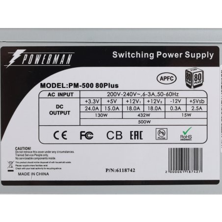 Блок питания Inwin / Powerman PM-500ATX, 500Вт, 80 PLUS, 120мм, серый