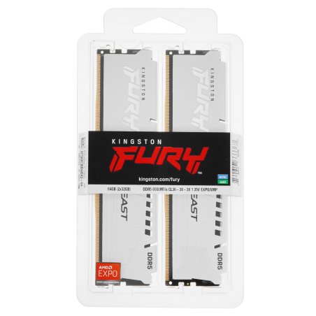 Оперативная память Kingston Fury Beast, DDR5, 64Gb (2x32 GB), 6000 MHz, CL36, DIMM, радиатор, белый