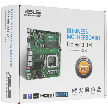 Материнская плата ASUS Pro H610T D4-CSM, LGA 1700, Intel H610, 2xSO-DIMM DDR4, 2xSATA, 1xM.2 (PCIe 4.0 x4/SATA), 1xHDMI, 1xDP, 1x 1Gb LAN, 2xUSB-A 3.2 Gen 1, 2xUSB-A 2.0, 2x3.5 мм, 7.1, Mini-ITX