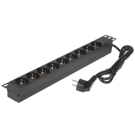 Блок розеток горизонтальный ExeGate ServerPro PDU-19H903 Al-9S-EU2, 19", 1U, Алюминий, 9 Schuko, кабель с евровилкой VDE-250V-16A-3*1.5мм2, 2 метра, черный