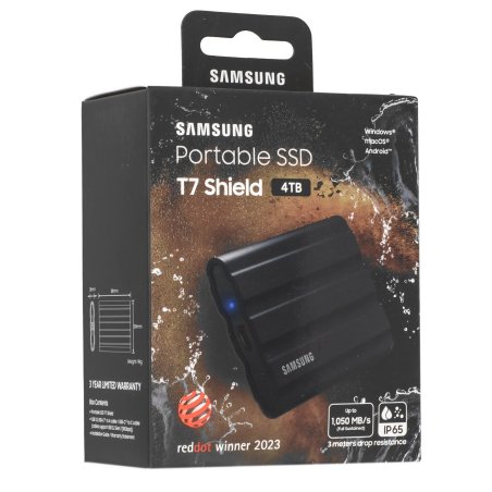 Внешний SSD Samsung T7 Shield, 4TB, USB 3.2 Gen 2 Type-C, R/W 1050/1000, черный