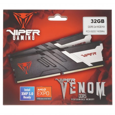 Оперативная память Patriot Viper Venom, DDR5, 32GB (2x16GB), 7400MHz, CL36, DIMM, с радиаторами, черный