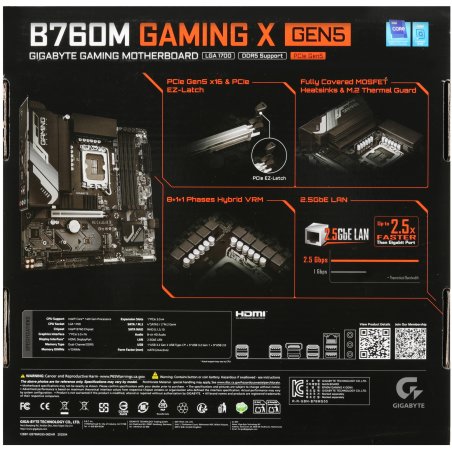 Материнская плата Gigabyte B760M GAMING X WIFI6E GEN5, LGA1700, Intel B760, 4xDDR5, 4xSATA, 2xM.2, 1xPCIe 5.0 x16, 1xPCIe 3.0 x4, 1xHDMI, 1xDP, 1x2.5Gb LAN, Wi-Fi 6E, Bluetooth 5.3, 3xUSB-A 5Gbps, 5xUSB-A 2.0, 3x3.5 мм, 7.1, mATX