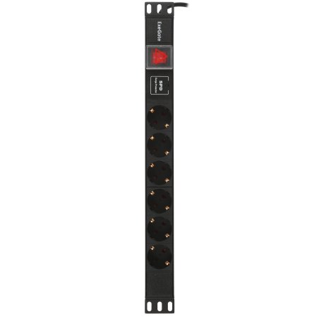 Блок розеток горизонтальный ExeGate ServerPro PDU-19H609 Al-6S-C14-2, 19", 1U, Алюминий, 6 Schuko, кабель с вилкой C14 VDE-250V-10A-3*1.0мм2, 2 метра, выкл. с подсветкой, SPD1, черный