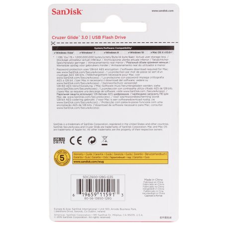 Флешка USB Sandisk 128Gb Cruzer Glide SDCZ600-128G-G35 USB 3.0 черный/красный