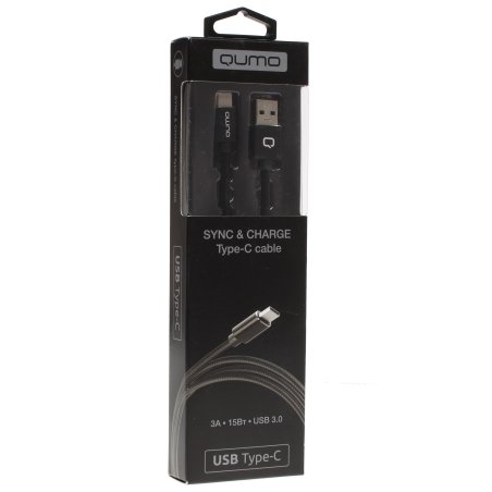 Кабель Qumo Type-С кабель, 1м, USB 3.0, 5В, 3А, 15Вт, металлическая оплетка, металлический коннектор, черный