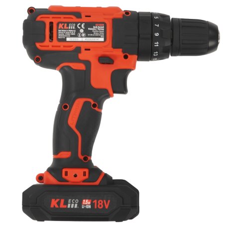 Шуруповерт ударный аккумуляторный KLECO KE18DM-15 (18В, Li-ion-1шт, 1,5 А·ч, 30Нм, З/У, биты 32шт, сверла 9шт дерево/металл)