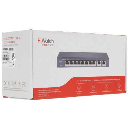 Сетевой неуправляемый коммутатор DS-S1008P - 8 RJ45 100M PoE, 2 порта с высоким приоритетом; 2 Uplink порта Gigabit