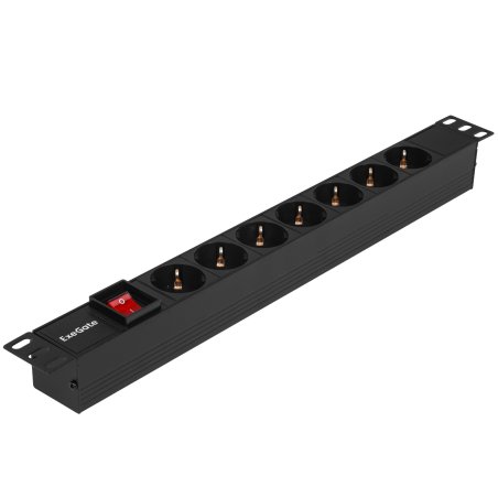 Блок розеток горизонтальный ExeGate ServerPro PDU-19H703 Al-7S-C20-SW, 19", 1U, Алюминий, 7 Schuko, С20, выкл. с подсветкой, черный