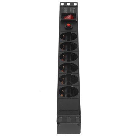 Блок розеток горизонтальный ExeGate ServerPro PDU-19H605 Al-6S-C14-SW-O, 19", 1U, Алюминий, 6 Schuko, С14, выкл. с подсветкой, защита от перегрузки, черный