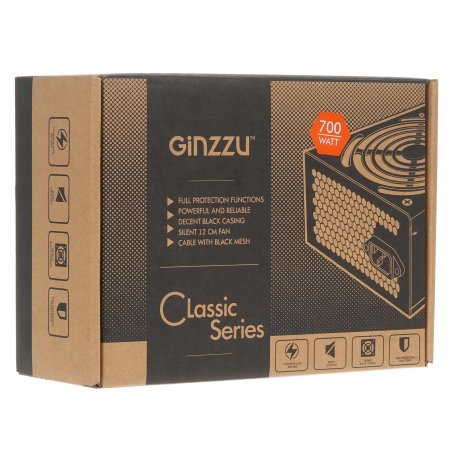 Блок питания Ginzzu CB700 12CM черный,24+4p,2 PCI-E(6+2), 6*SATA, 3*IDE,оплетка MB, кабель питания
