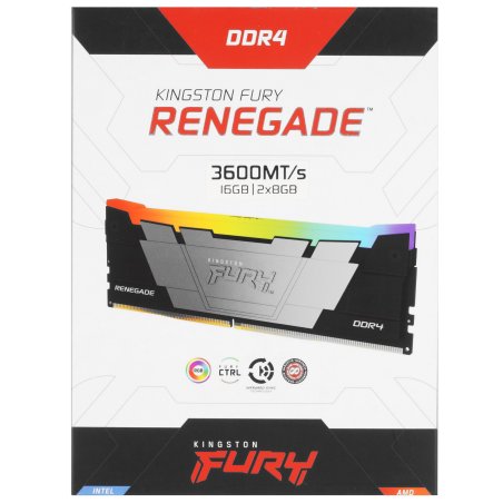 Оперативная память Kingston Fury Renegade, DDR4, 16Gb (2x8Gb), 3600MHz, CL16, DIMM, с радиаторами, RGb, серый/черный