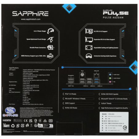 Материнская плата Sapphire A620AM PULSE A620, AM5, 2*DDR5, 1*PCIEx16, 1*PCIEx4, 2*M.2, 4*USB3.2Gen1, 6*USB2.0, 4*SATA3.0, 1G, DP, HDMI, M-ATX, RTL