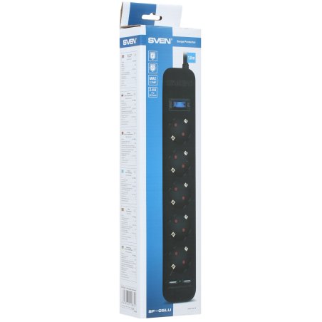 Фильтр SVEN SF-05LU 1,8 м (5 евро розеток,2*USB(2,4А)) черный, цветная коробка Surge protector SVEN SF-05LU 1,8 м (5 евро розеток,2*USB(2,4А)) черный, цветная коробка