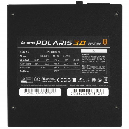 Блок питания Chieftec Polaris 3.0 PPS-850FC-A3, 850Вт, 80 PLUS Gold, 140мм, модульный, черный