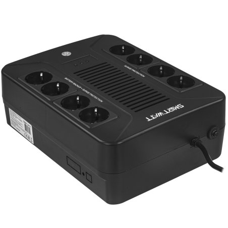Источник бесперебойного питания SMARTWATT UPS SAFE PRO 800, 800/480 ВА/Вт, напольный/настенный, линейно-интерактивный, LED индикация, Shuko CEE7/4 - 8 шт. (4 шт. с резервным питанием, 4 шт. - сетевой фильтр)
