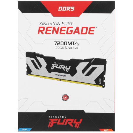 Оперативная память Kingston Fury Renegade, DDR5, 32Gb (2x16Gb), 7200MHz, CL38, DIMM, с радиатором, серебристый/черный