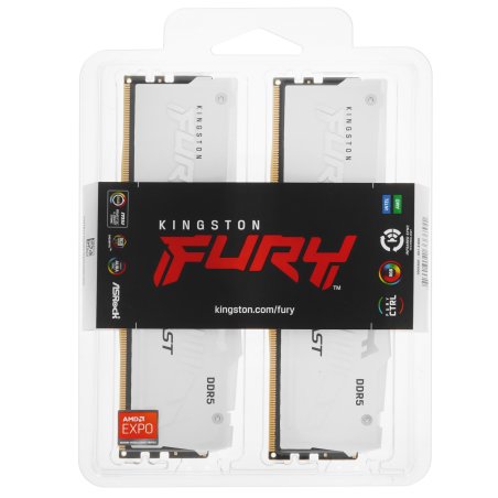 Оперативная память Kingston Fury Beast, DDR5, 32Gb (2x16GB), 5600MHz, CL36, DIMM, радиатор, RGB, белый