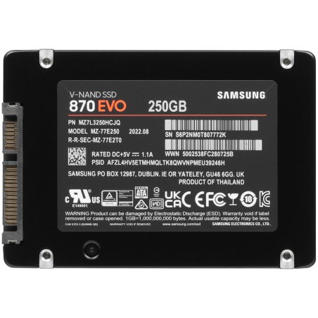 Накопитель SSD 2.5" 250GB Samsung 870 EVO Client SSD MZ-77E250B/AM SATA 6Gb/s, 560/530, IOPS 98/88K, MTBF 1.5M 3D NAND TLC, 512MB, 150TBW, 0,33DWPD, RTL