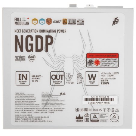 Блок питания 1STPLAYER NGDP GOLD 750W White/ATX 3.1, APFC, 80 PLUS Gold, LLC+DC-DC, full Japan solid-state caps, 120мм fan, full modular/HA-750BA4-WH