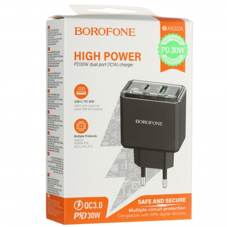 Сетевое зарядное устройство BOROFONE (6941991110689) BAS32A 1USB+1Type-C 3.0A QC3.0 PD 30W, черный