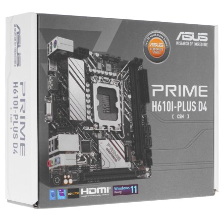 Материнская плата ASUS PRIME H610I-PLUS D4-CSM, LGA 1700, Intel H610, 2xDDR4, 4xSATA, 1xM.2 PCIe 3.0 x4, 1xPCIe 4.0 x16, 1xHDMI, 1xDP, 1xVGA, 2xUSB-A 3.2 Gen 1, 2xUSB-A 2.0, 1x 1Gb LAN, 3x3.5 мм, 7.1, Mini-ITX