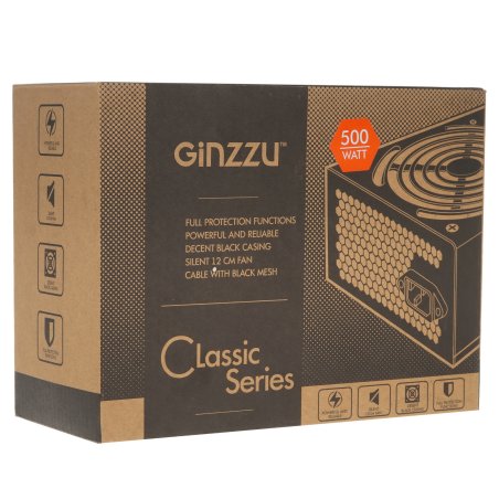 Блок питания Ginzzu CB500 12CM черный,24+4p,PCI-E, 4*SATA, 3*IDE,оплетка MB, кабель питания