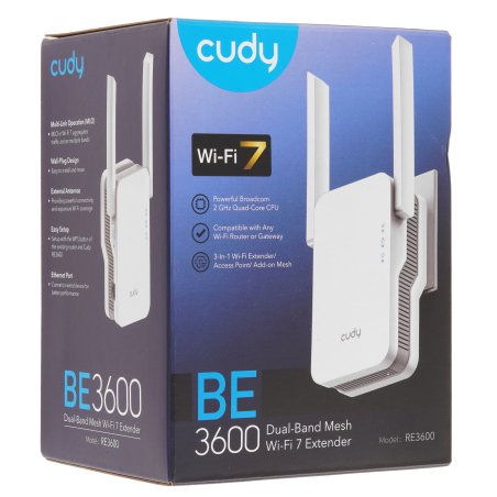 Маршрутизатор Cudy BE3600 WiFi 7 Mesh Repeater BE3600, AP mode, Chipset Broadcom, Cudy Mesh Support,  2880Mbps at 5GHz + 688Mbps at 2.4GHz, 802.11ax/ac/a/b/g/n,  1 Gigabit Ethernet Port, WPS button, Intelligent Signal Light, WPA3, LED control
