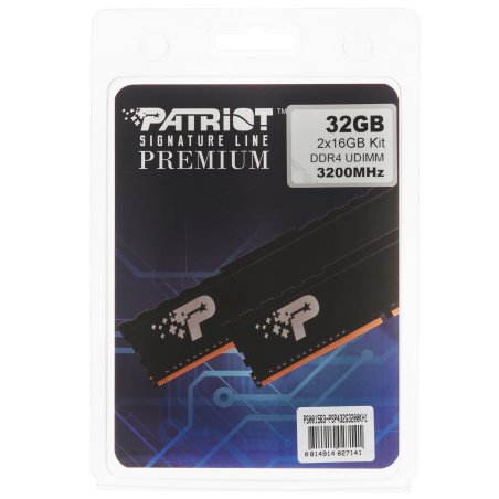 Оперативная память Patriot Signature Premium, DDR4, 32GB (2x16 GB), 3200 MHz, CL22, DIMM, радиатор, черный