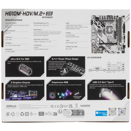 Материнская плата ASRock H610M-HDV/M.2+ D5, LGA 1700, Intel H610, 2xDDR5, 4xSATA, 1xM.2, 1xPCI-E 4.0 x16, 1xPCI-E x1, 1xDP, 1xHDMI, 1xVGA, 1x 1Gb LAN, 1xUSB-C 3.2 Gen 1, 1xUSB-A 3.2 Gen 1, 4xUSB 2.0, 3x3.5 мм, 7.1, Micro-ATX