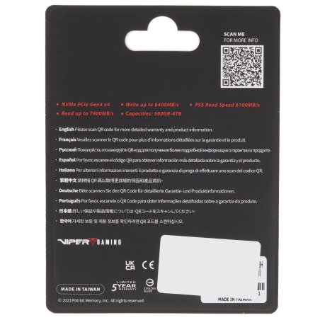 Накопитель SSD Patriot Viper VP4300 Lite, 4Tb, PCIe 4.0 x4, M.2 2280, NVMe, R/W 7400/6000, с радиатором