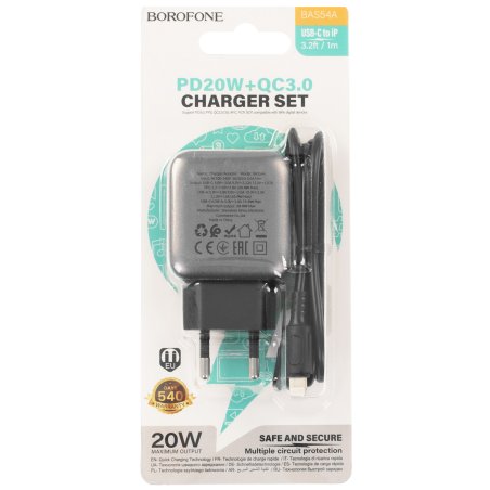 Сетевое зарядное устройство BOROFONE BA46A Premium, один порт USB, один порт Type-C, PD, 18W, 5V, 3.0A, черный