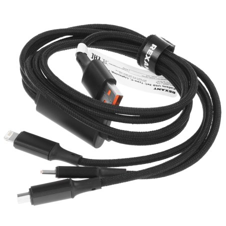 Кабель Rexant USB 3в1 Type-С (6A), Lightning (2,4A), micro USB (3A) 1,2м, в черной оплетке