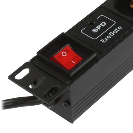 Блок розеток горизонтальный ExeGate ServerPro PDU-19H807 Al-8S-EU2-SW-SPD1, 19", 1U, Алюминий, 8 Schuko, кабель с евровилкой VDE-250V-16A-3*1.5мм2, 2 метра, выкл. с подсветкой, SPD1, черный