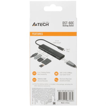 Разветвитель USB-C A4Tech DST-60C 2порт. серый