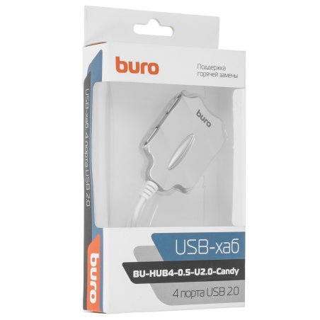 Разветвитель USB 2.0 Buro BU-HUB4-0.5-U2.0-Candy 4порт. серебристый