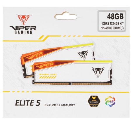 Оперативная память Patriot Viper Elite 5 TUF Gaming, DDR5, 48Gb (2x24 Gb), 6000 MHz, CL36, DIMM, радиатор, RGb, белый