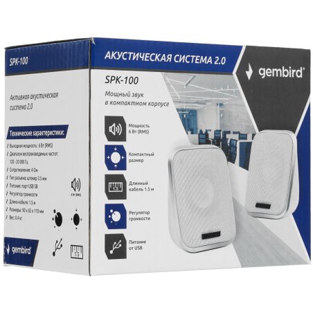 Акустическая система 2.0 Gembird SPK-100-W, белый, 6 Вт, регулятор громкости, USB-питание