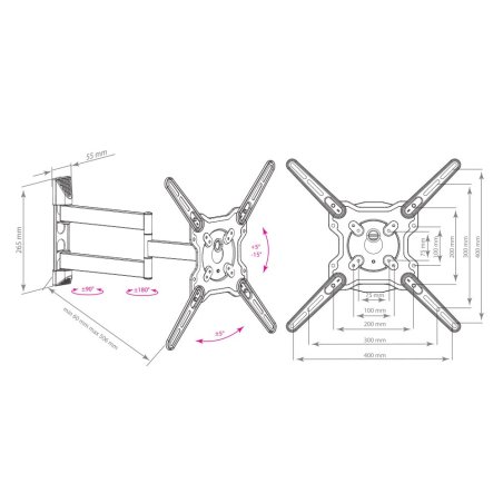 Кронштейн для телевизоров Kromax OPTIMA-406 grey22"-65", max 40 кг, настенный, наклон +5°-15°, поворот 180°, от стены 60-506 мм, VESA 400x400