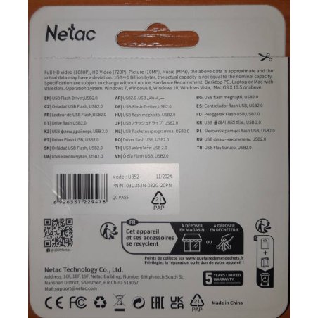Флешка USB Netac U352 NT03U352N-032G-20PN USB 2.0 32Gb, retail version