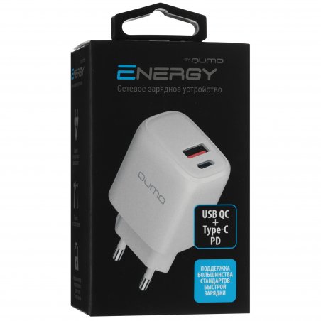 Сетевое зарядное устройство Qumo Energy PD 35W (Charger 0074), два порта: Type-C PD + Type-C PD, белый