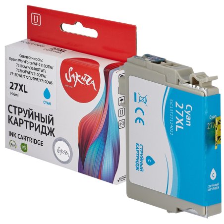 Струйный картридж Sakura C13T27124022 (27XL Cyan) для Epson, голубой, 14,6 мл., 1100 к.