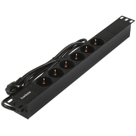 Блок розеток горизонтальный ExeGate ServerPro PDU-19H602 Al-6S-EU2, 19", 1U, Алюминий, 6 Schuko, кабель с евровилкой VDE-250V-16A-3*1.5мм2, 2метра, черный