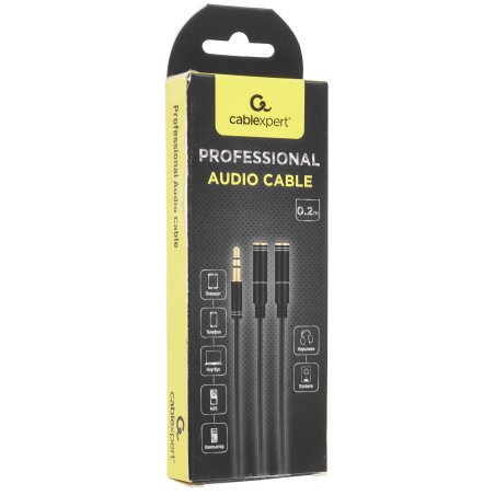 Кабель аудио разветвитель Cablexpert CCAB-02-35MY-0.2MB. 3.5 джек (M)/2х 3.5 джек (F), черный, 0.2м, блистер