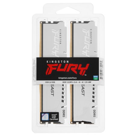Оперативная память Kingston Fury Beast, DDR5, 32Gb (2x16Gb), 5200MHz, CL40, DIMM, с радиаторами, белый