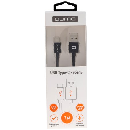 Кабель Qumo Type-С кабель, 1м, USB 2.0, 5В, 5А, 25Вт, тканевая оплетка, стальной коннектор, черный